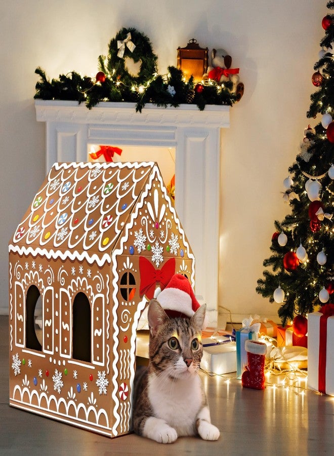 Cinrobiye Christmas Cardboard Cat House with Scratcher Pet Gingerbread Board Bed Cave Playhouse Hideaway Hideout Condo Decor Small Animals Scratch Box for Indoor Cats Kittens Rabbits Bunny (Brown, 1) - Image 5